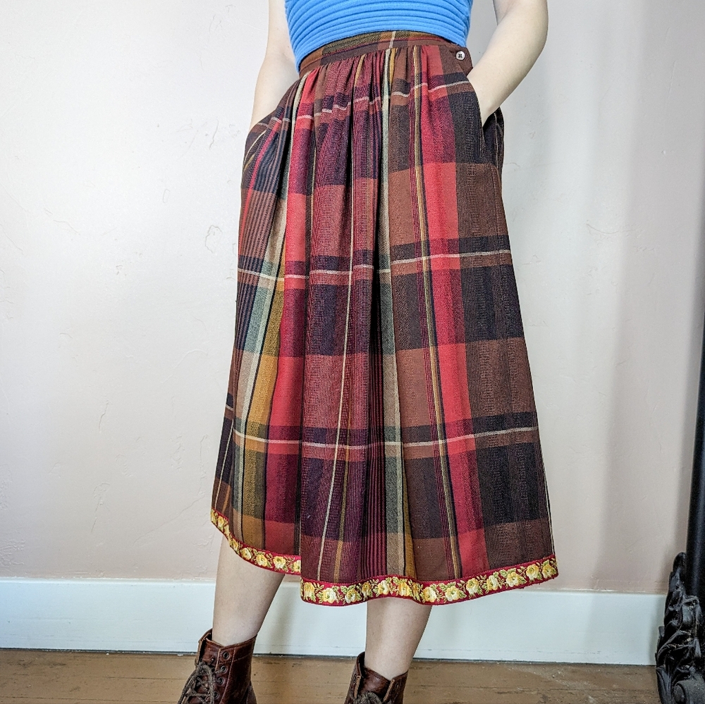 Vintage 80s Liz Claiborne Burgundy Red and Brown Wool Tartan Midi Skirt